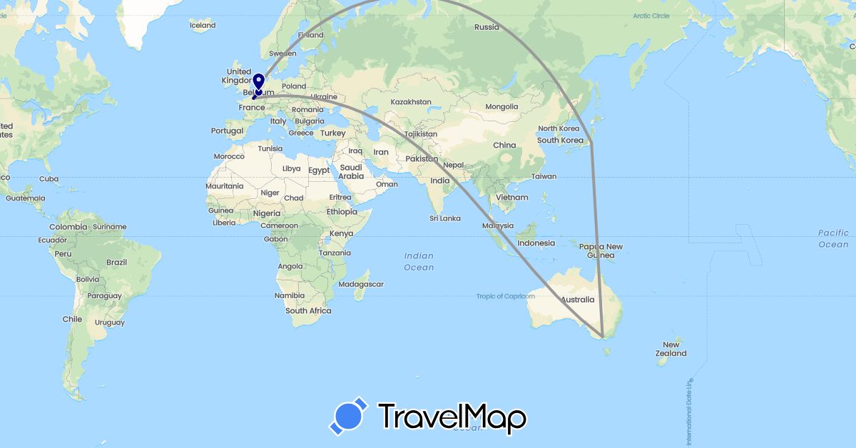 TravelMap itinerary: driving, plane in Australia, Belgium, France, Japan, Paraguay, Singapore (Asia, Europe, Oceania, South America)